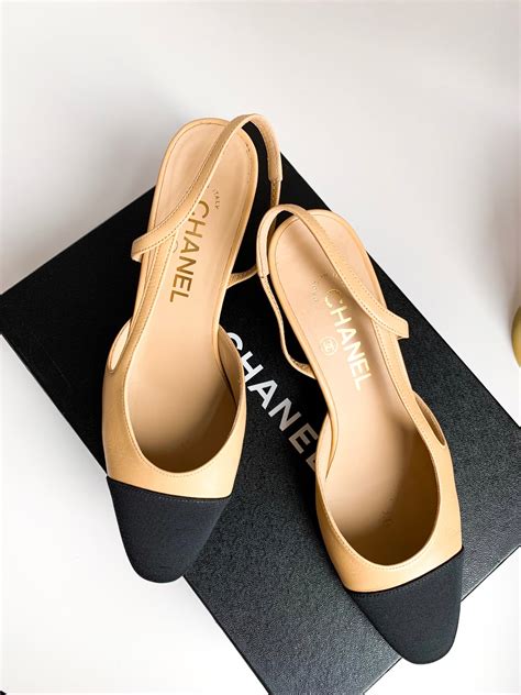 chanel beige canvas shoes|Chanel slingback beige and black.